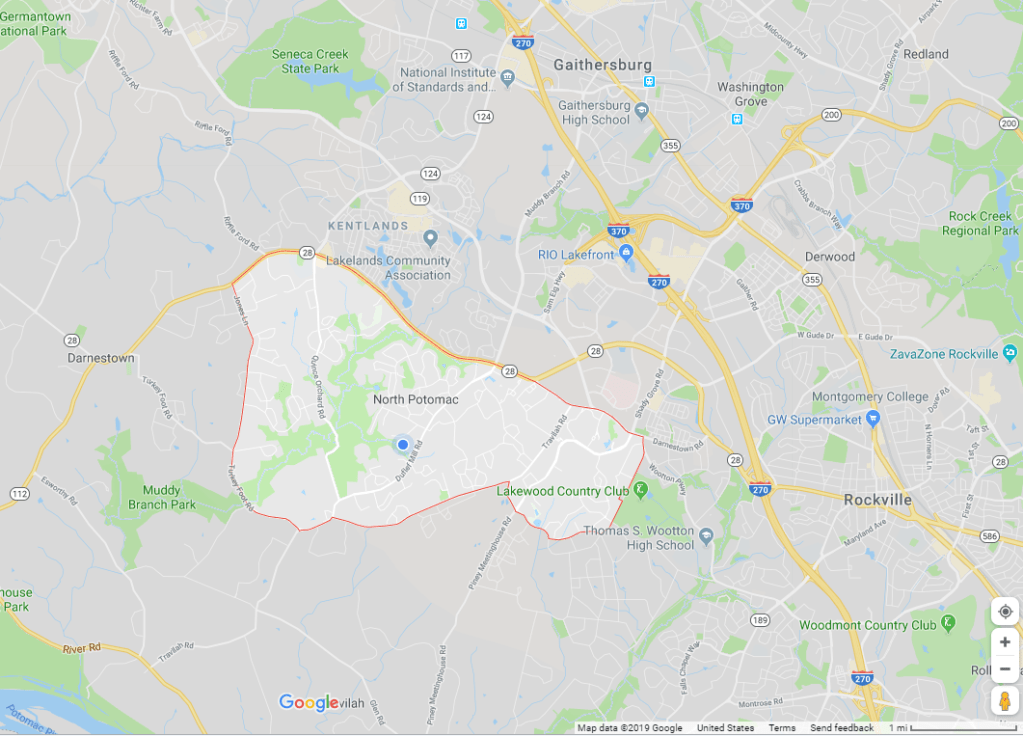 Image of a stationary Google map that displays a broad view of North Potomac and the Potomac Farms, Maryland, community.
